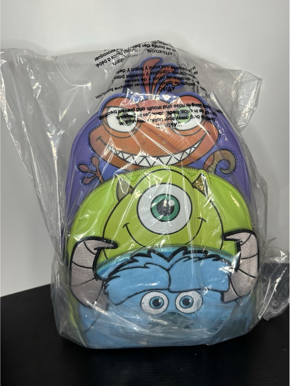 Loungefly Disney Monsters, Inc. Backpack Purple Blue Green Multicolor Triple Zip